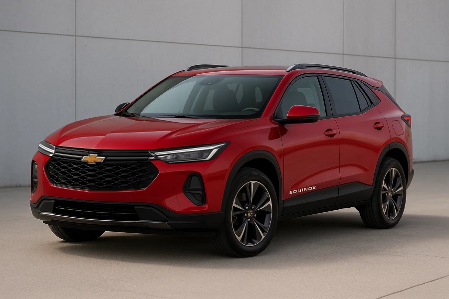 Front three-quarter view of a 2026 Chevrolet Equinox in silver, showcasing its sleek design, modern LED headlights, and bold black grille with the Chevrolet logo.